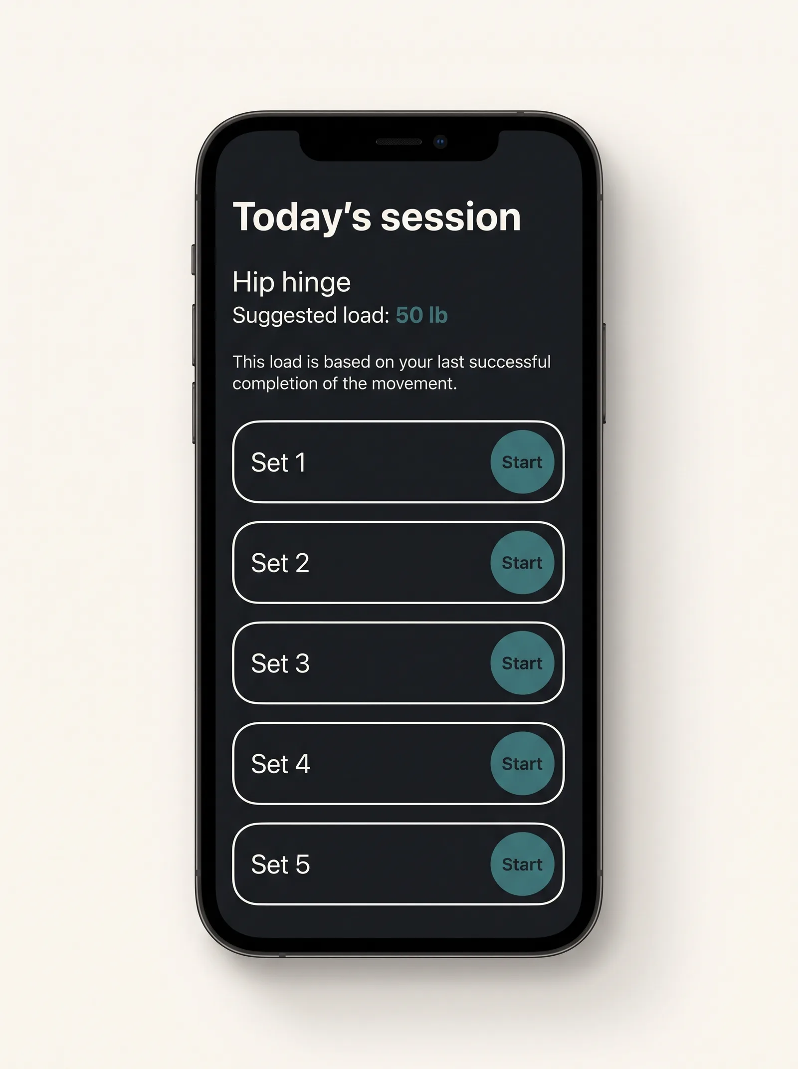 The session screen on a phone, showing today's suggested weight with a plain sentence underneath explaining the reason for it