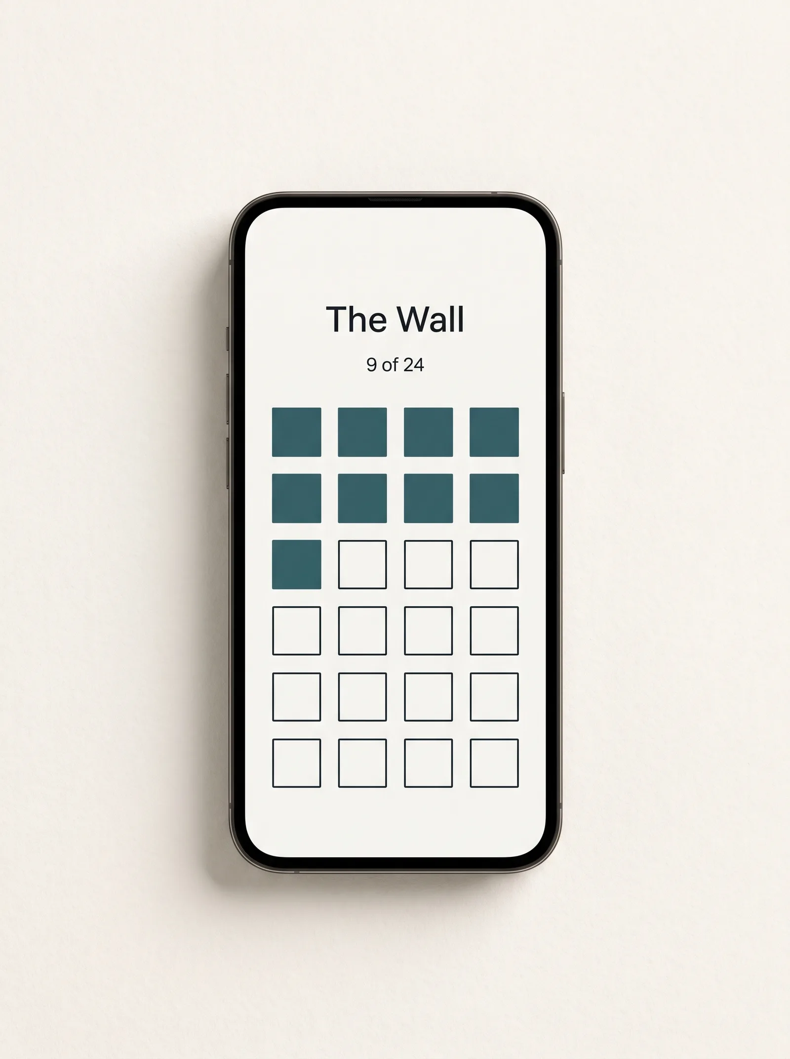 The Wall, a grid of twenty-four squares with the completed ones filled in