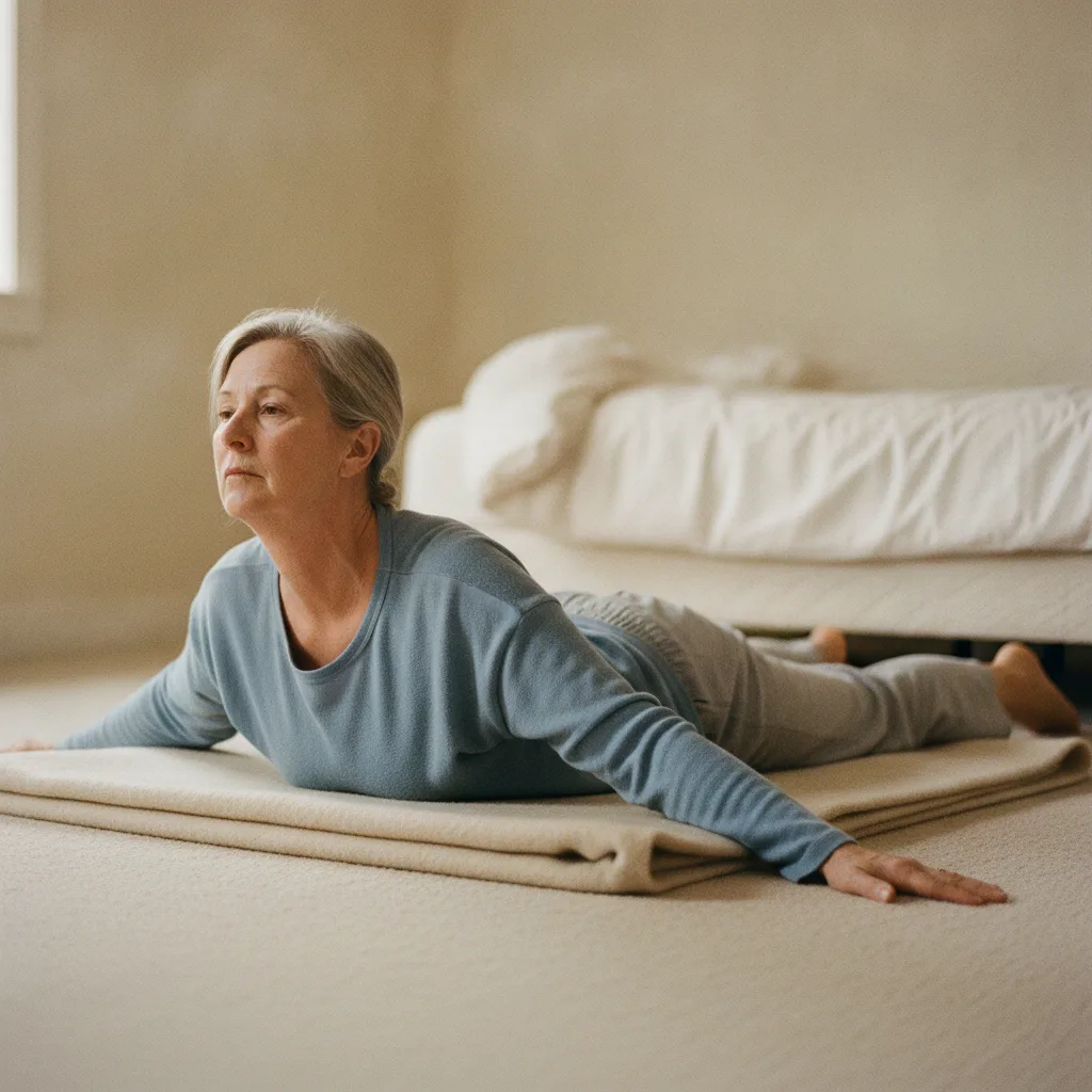 A woman lying face down on a bedroom floor, chest lifted two inches, arms by her sides.