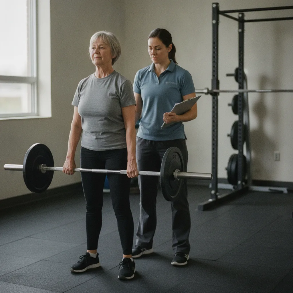 An older woman lifting a barbell while a trainer watches beside her.