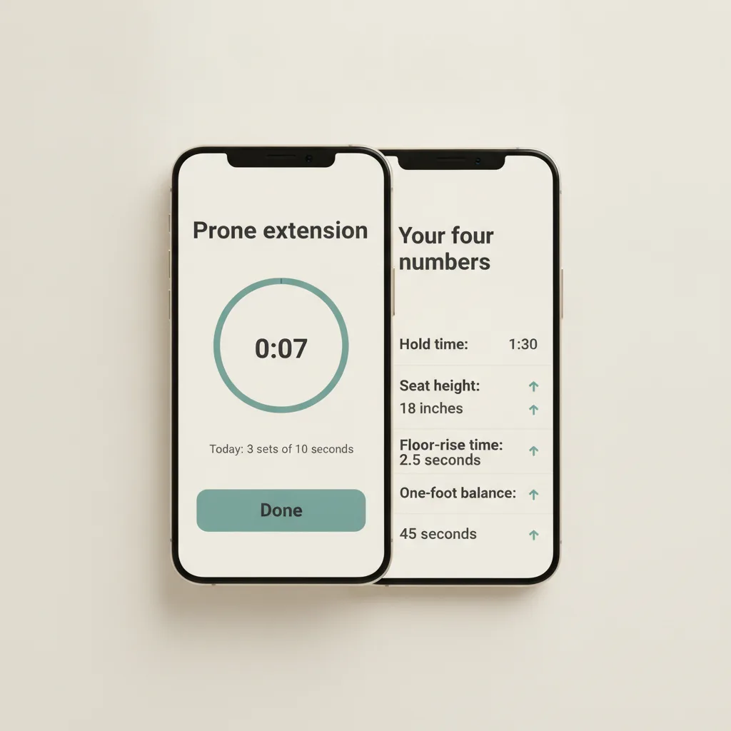 Two phone screens: a hold timer mid-session, and the four assessment numbers.