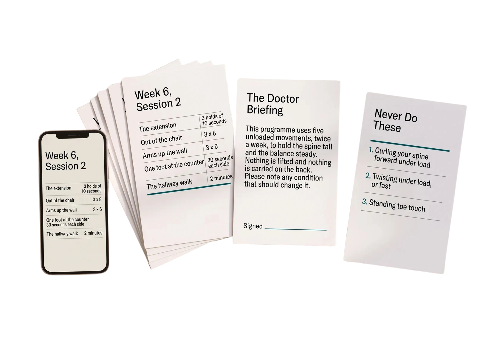 The Upright programme laid out: a phone showing a session, printed session sheets, the Doctor Briefing and Never Do These.