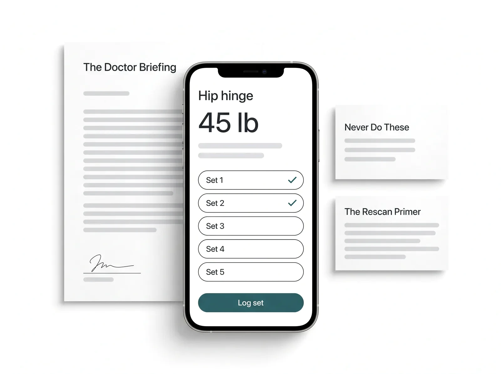 The Threshold Protocol: a phone showing a hip hinge session at 45 lb, with the Doctor Briefing, Never Do These and the Rescan Primer beside it.